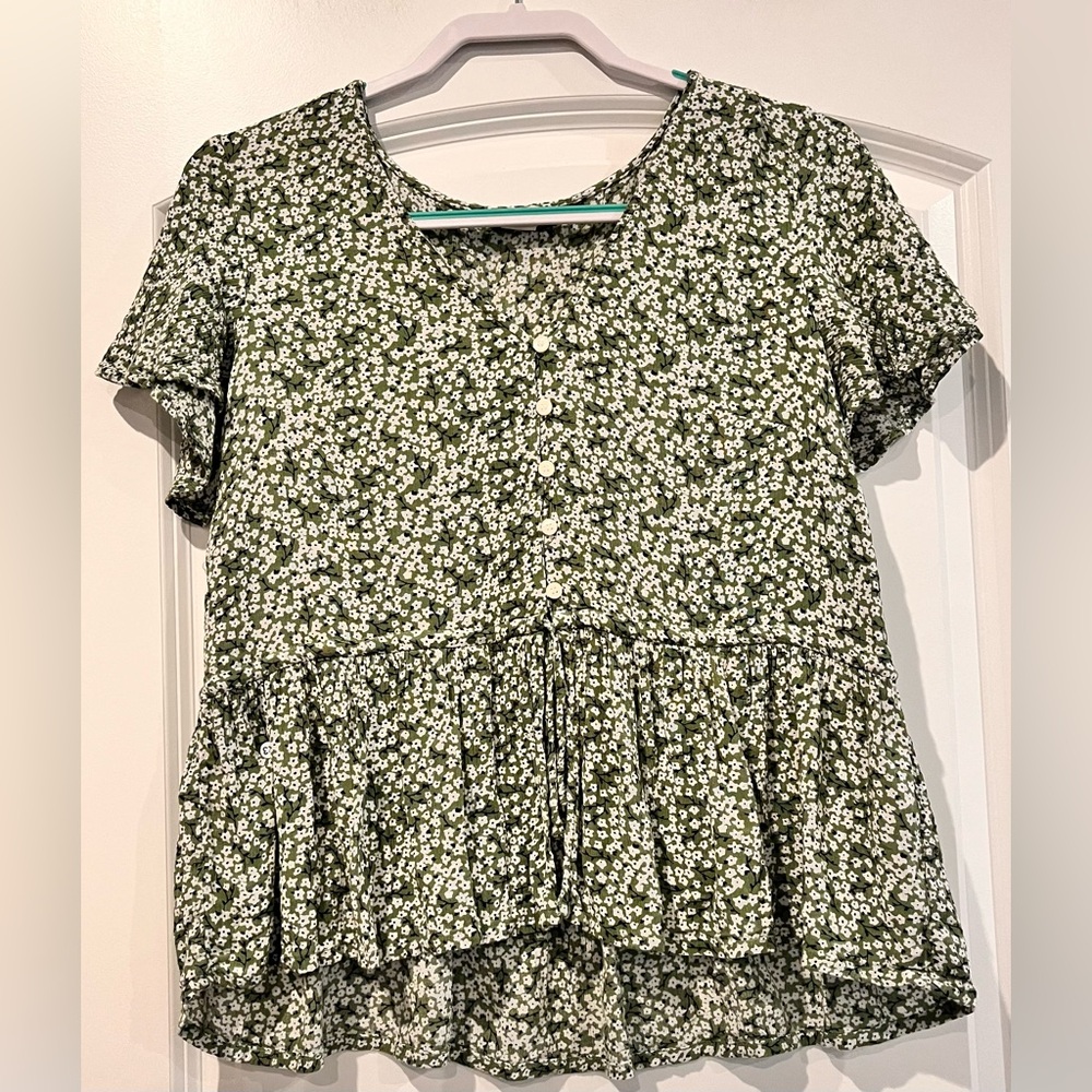 Monkl Top Size‎ 38 (Small) Green Floral Tie At Waist In Front